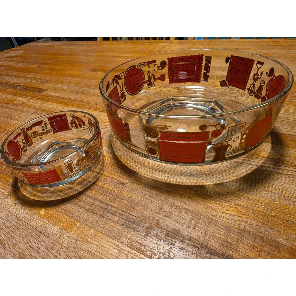 Vintage MCM Glass Chip and Dip Bowl Set Red Gold Recipe Print Mid Century Modern